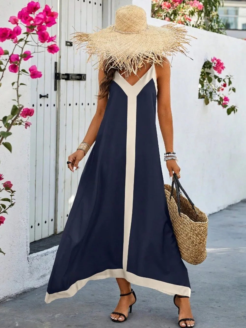 Navy Blue Casual Women's Panel Cami Strap Long Dress
